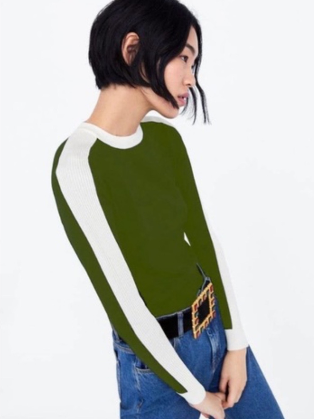 Zara Olive Green Sweater with White Ribbed Stripes